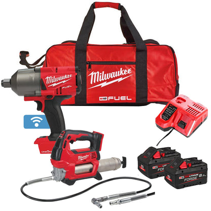 Milwaukee M18ONEPP2Q-508B 18V Fuel 3/4" Impact Wrench & Grease Gun with 2 x 8.0Ah Battery Charger & Bag
